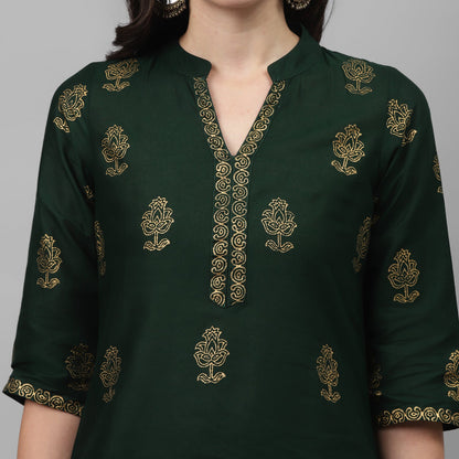 Maai Rayon Hand Printed Kurta Green