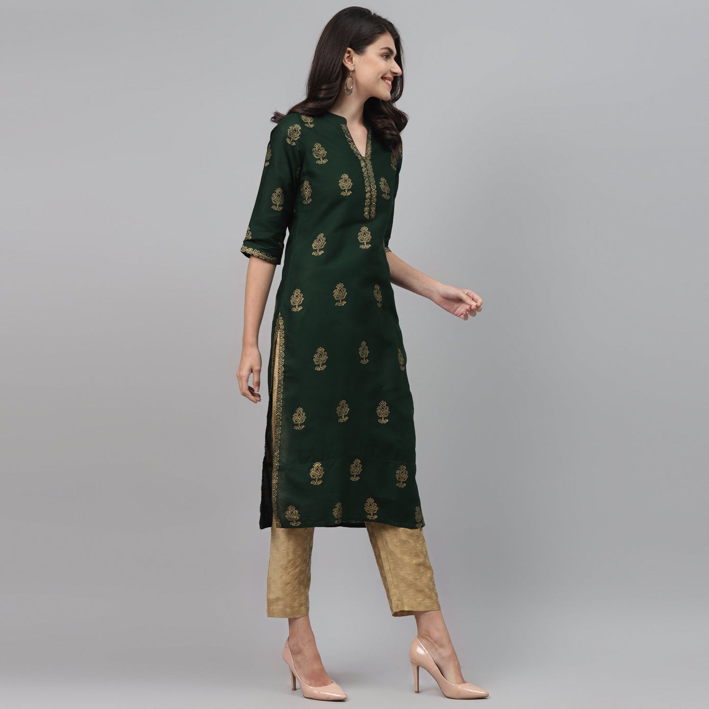 Maai Rayon Hand Printed Kurta Green