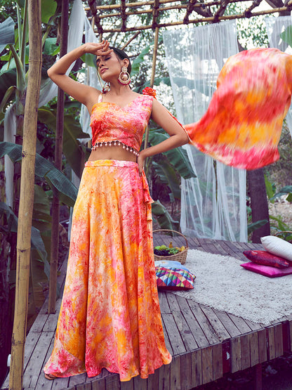 Myra Orange Silk Digital Printed Designer Lehenga