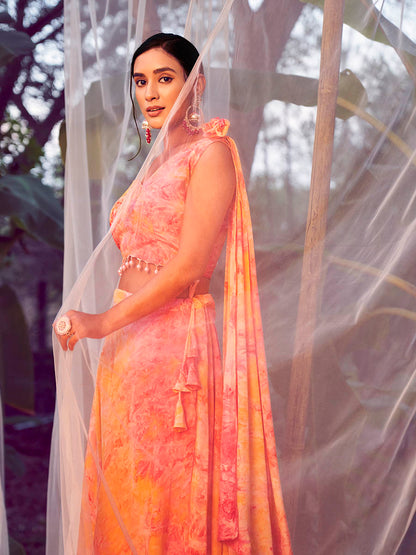 Myra Orange Silk Digital Printed Designer Lehenga
