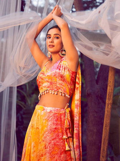 Myra Orange Silk Digital Printed Designer Lehenga