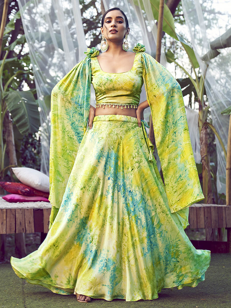 Myra Fluorescent Green Silk Digital Printed Designer Lehenga