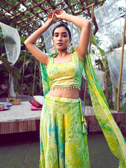 Myra Fluorescent Green Silk Digital Printed Designer Lehenga