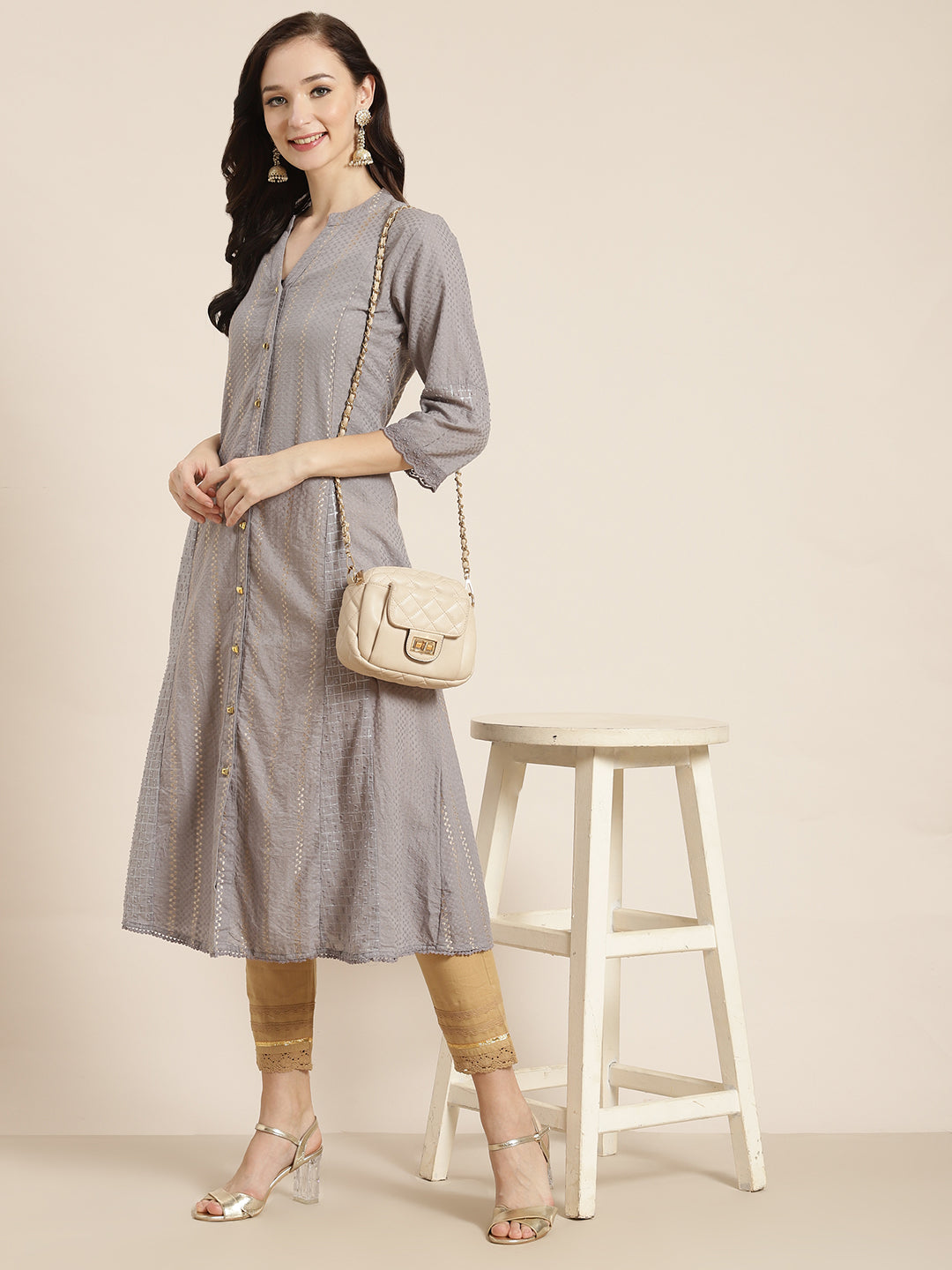 Juniper Womens Grey Cotton Dobby Kalidar Kurta