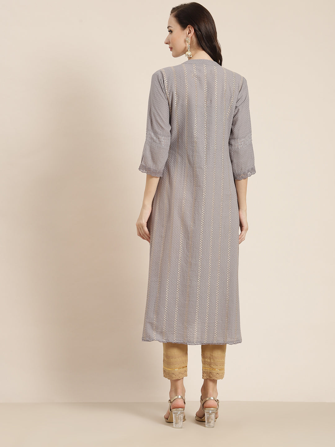Juniper Womens Grey Cotton Dobby Kalidar Kurta