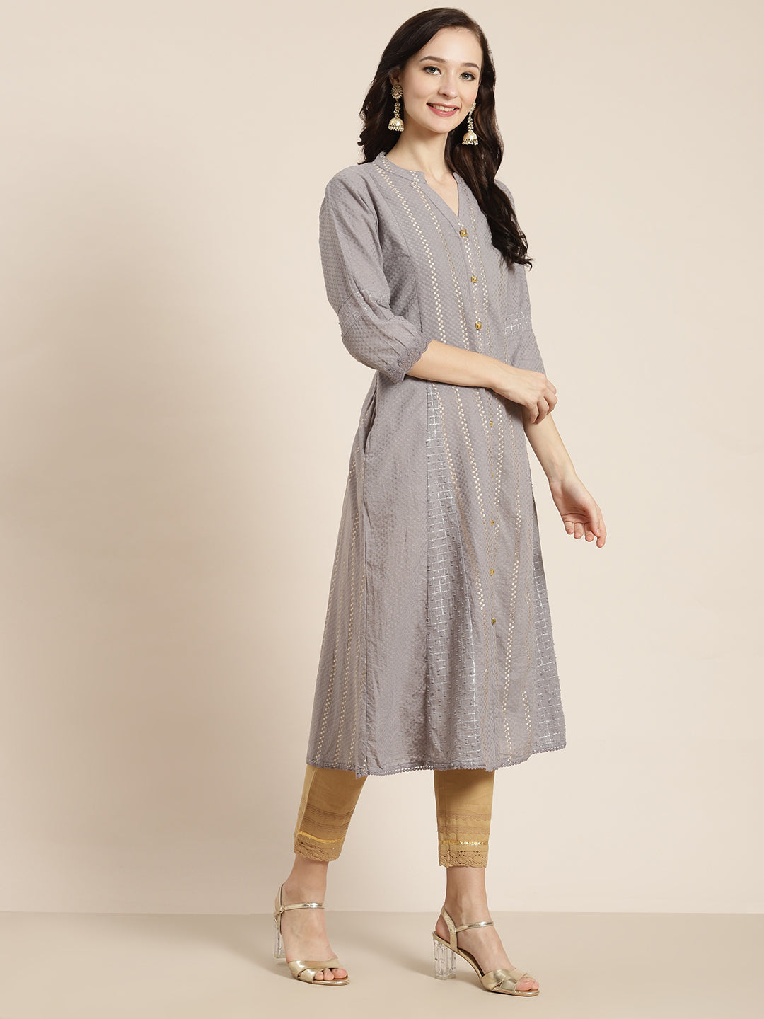 Juniper Womens Grey Cotton Dobby Kalidar Kurta