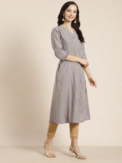 Juniper Womens Grey Cotton Dobby Kalidar Kurta