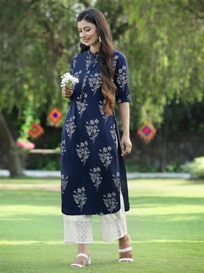 Juniper Womens Indigo Rayon Slub Printed Straight Kurta