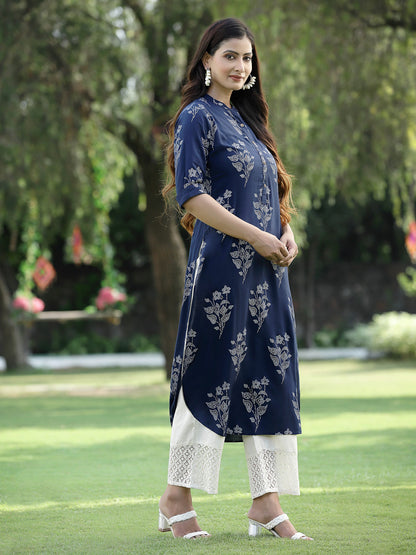 Juniper Womens Indigo Rayon Slub Printed Straight Kurta