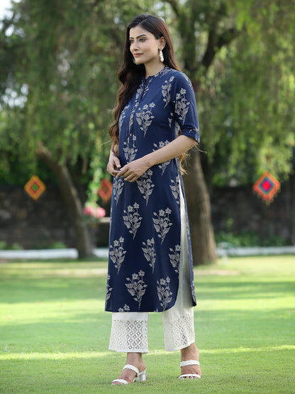 Juniper Womens Indigo Rayon Slub Printed Straight Kurta