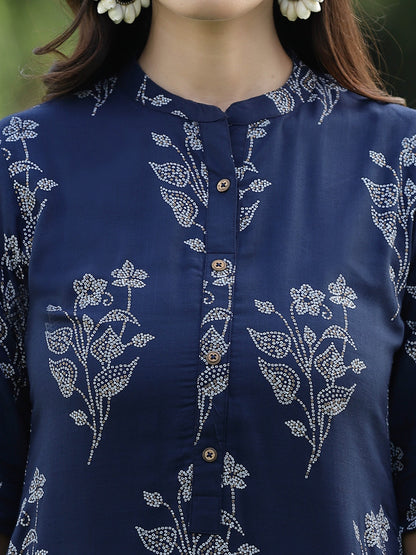 Juniper Womens Indigo Rayon Slub Printed Straight Kurta