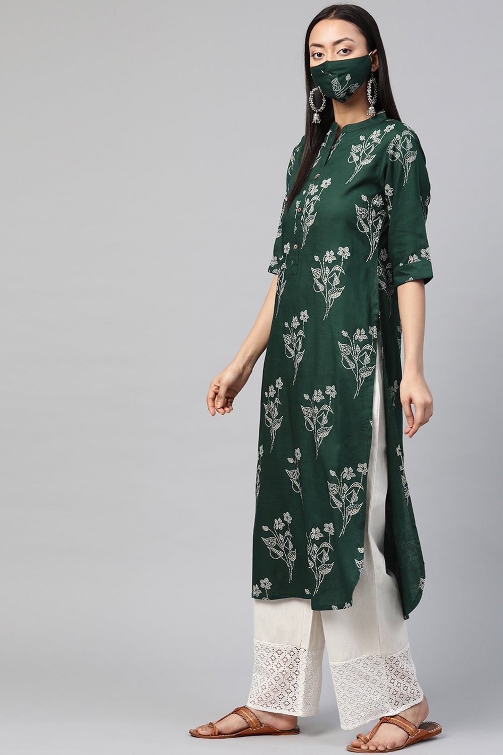 Juniper Women's Jadegreen Rayon Slub Bandhani Straight Kurta