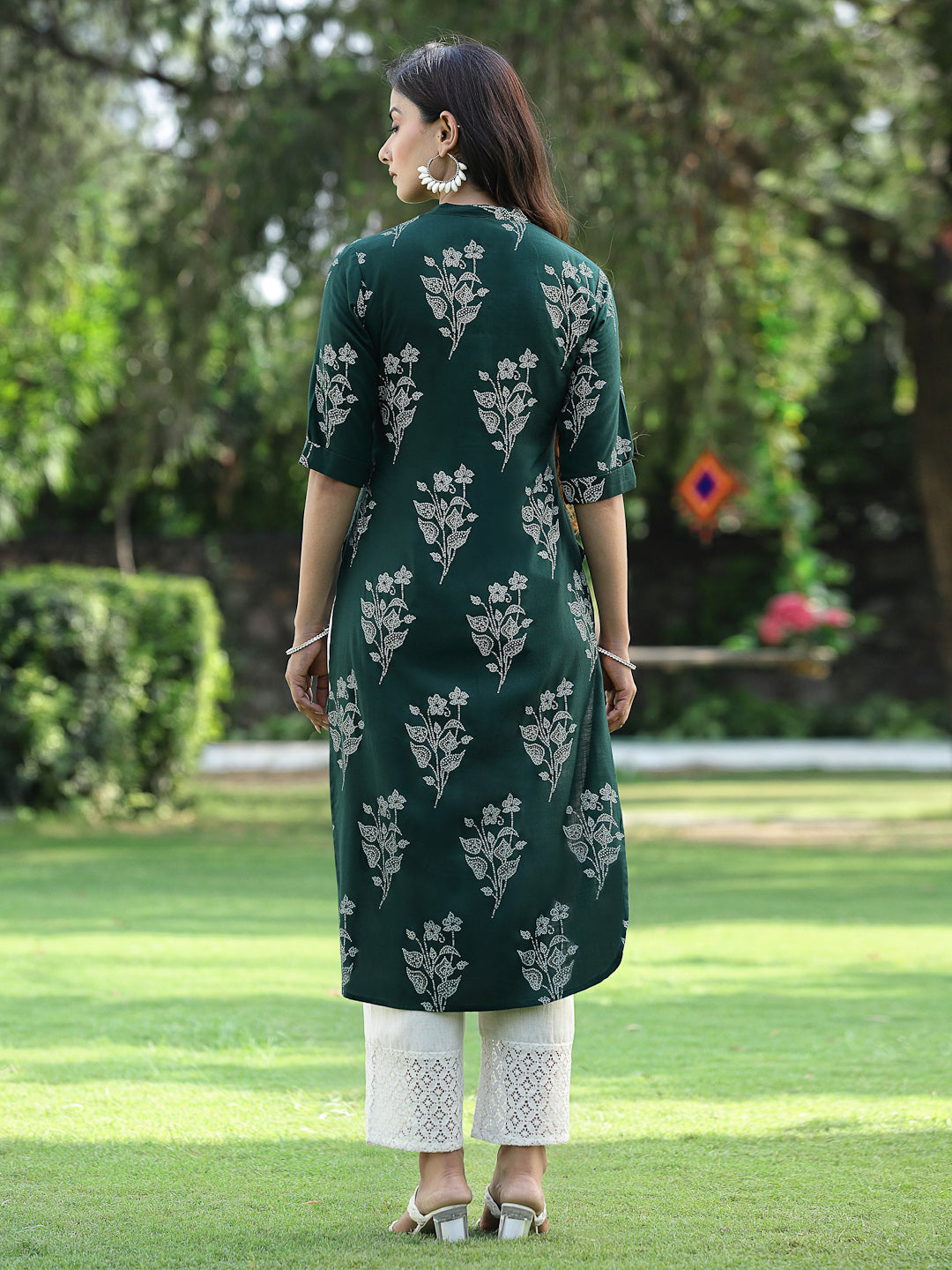 Juniper Womens Jadegreen Rayon Slub Printed Straight Kurta