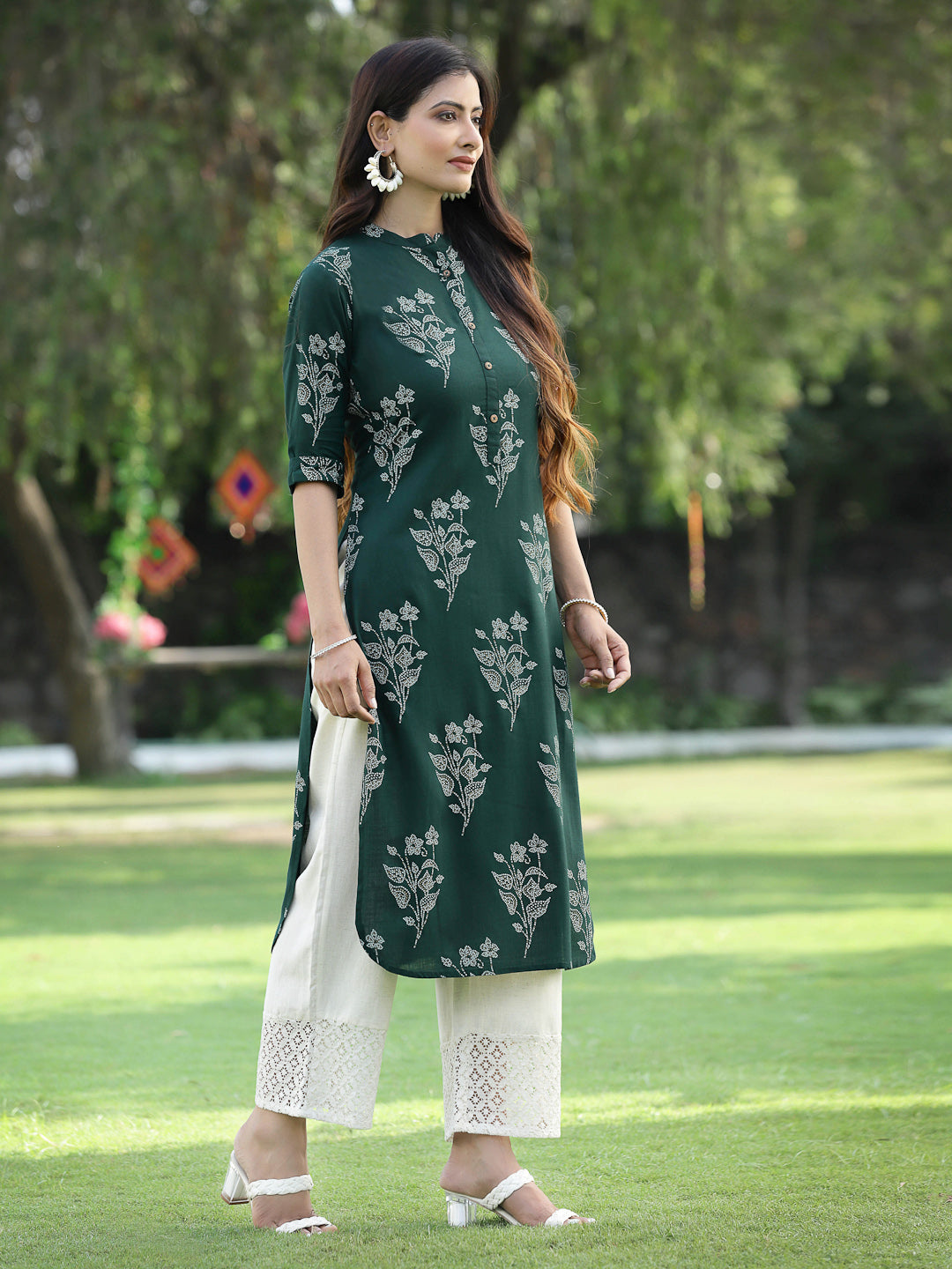 Juniper Womens Jadegreen Rayon Slub Printed Straight Kurta