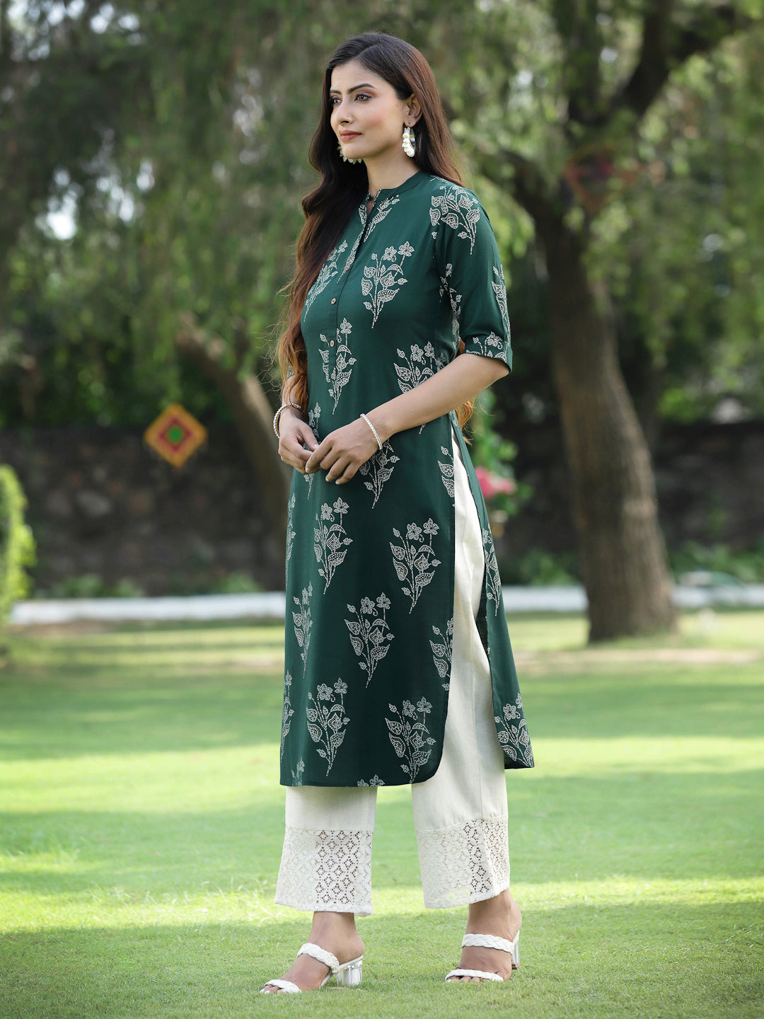 Juniper Womens Jadegreen Rayon Slub Printed Straight Kurta