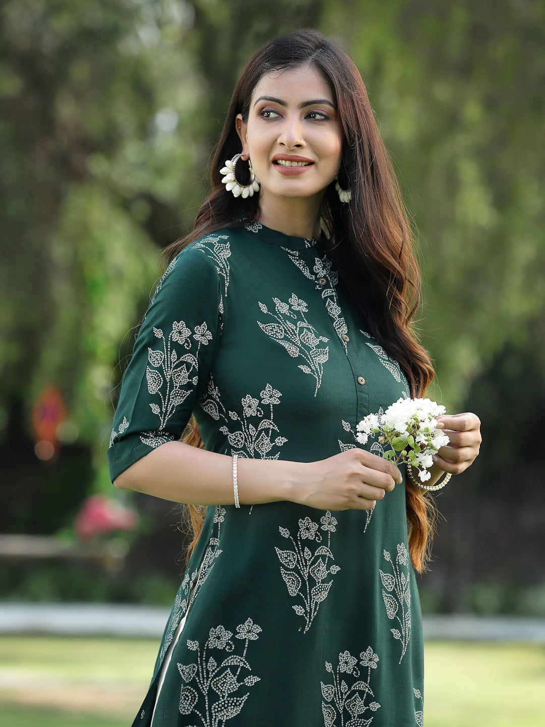 Juniper Womens Jadegreen Rayon Slub Printed Straight Kurta