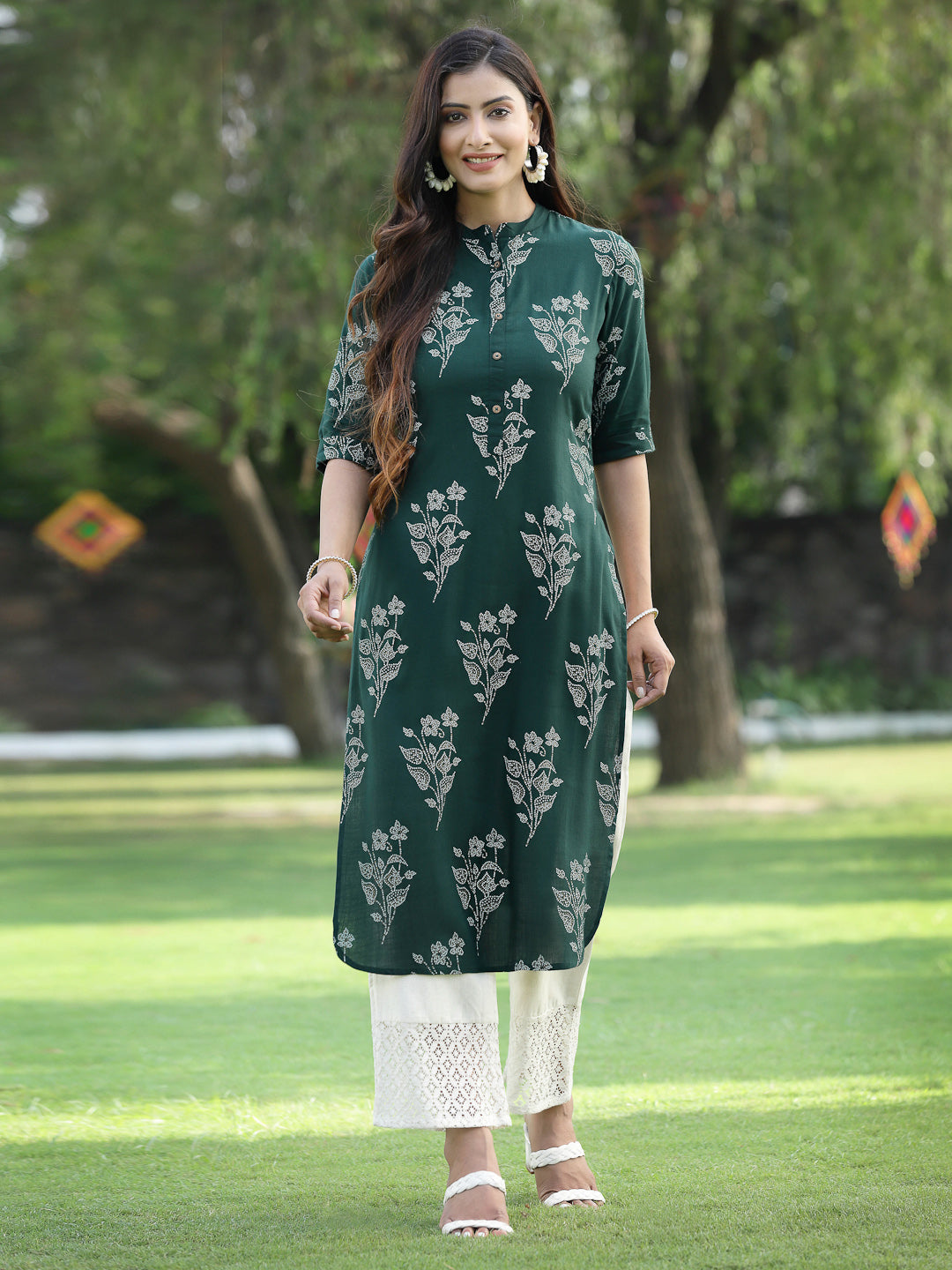 Juniper Womens Jadegreen Rayon Slub Printed Straight Kurta