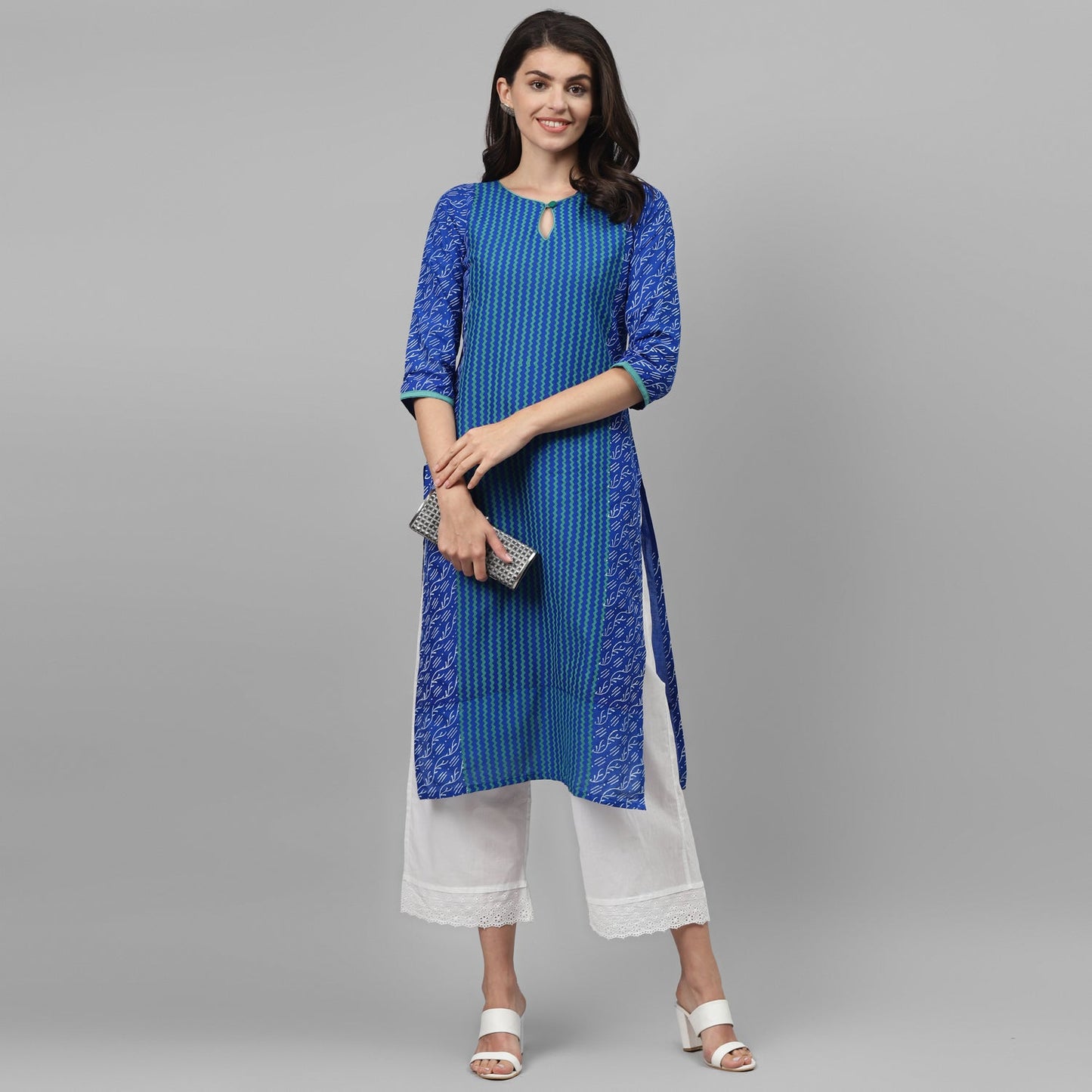 Maai Rayon Hand Printed Kurta Blue