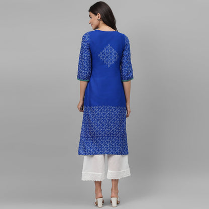Maai Rayon Hand Printed Kurta Blue