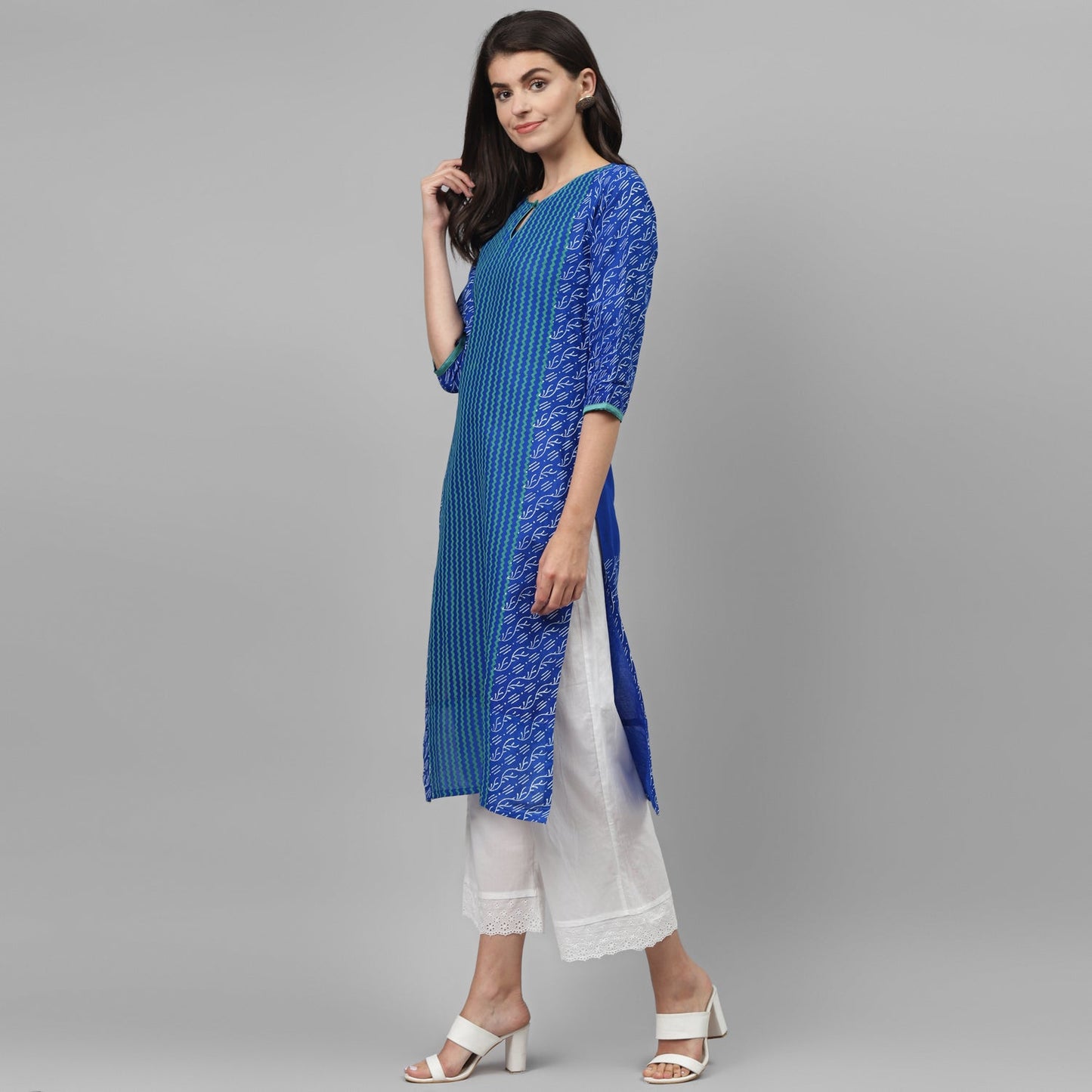 Maai Rayon Hand Printed Kurta Blue