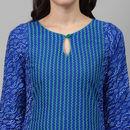 Maai Rayon Hand Printed Kurta Blue