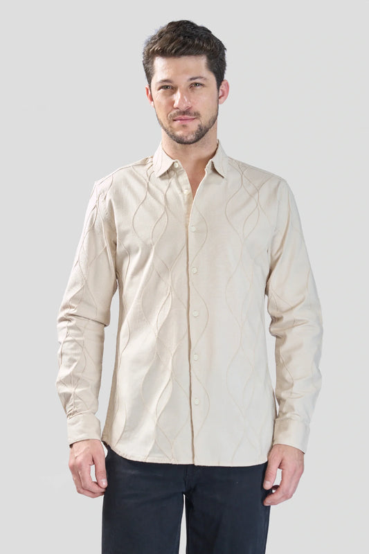 Xkind Beige Embroidery Full Sleeve Slim Fit Shirt