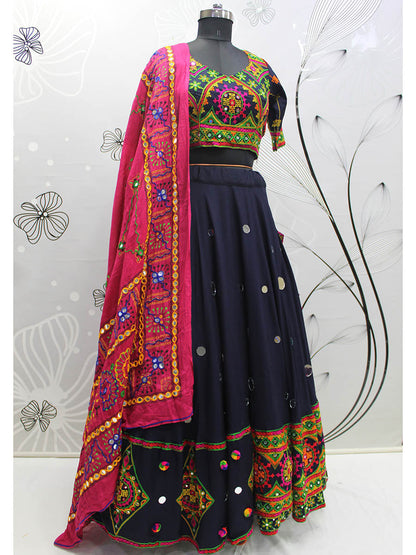 Myra Navy Blue Viscose Rayon and Cotton Embroidered with Print Designer Lehenga