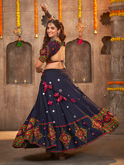 Myra Navy Blue Viscose Rayon and Cotton Embroidered with Print Designer Lehenga