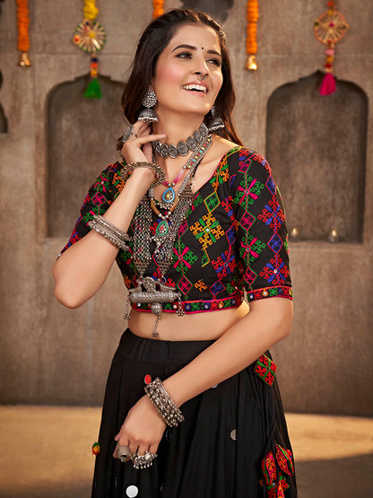 Myra Black Viscose Rayon and Cotton Embroidered with Print Designer Lehenga