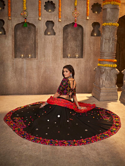 Myra Black Viscose Rayon and Cotton Embroidered with Print Designer Lehenga