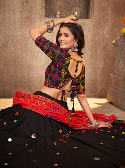 Myra Black Viscose Rayon and Cotton Embroidered with Print Designer Lehenga