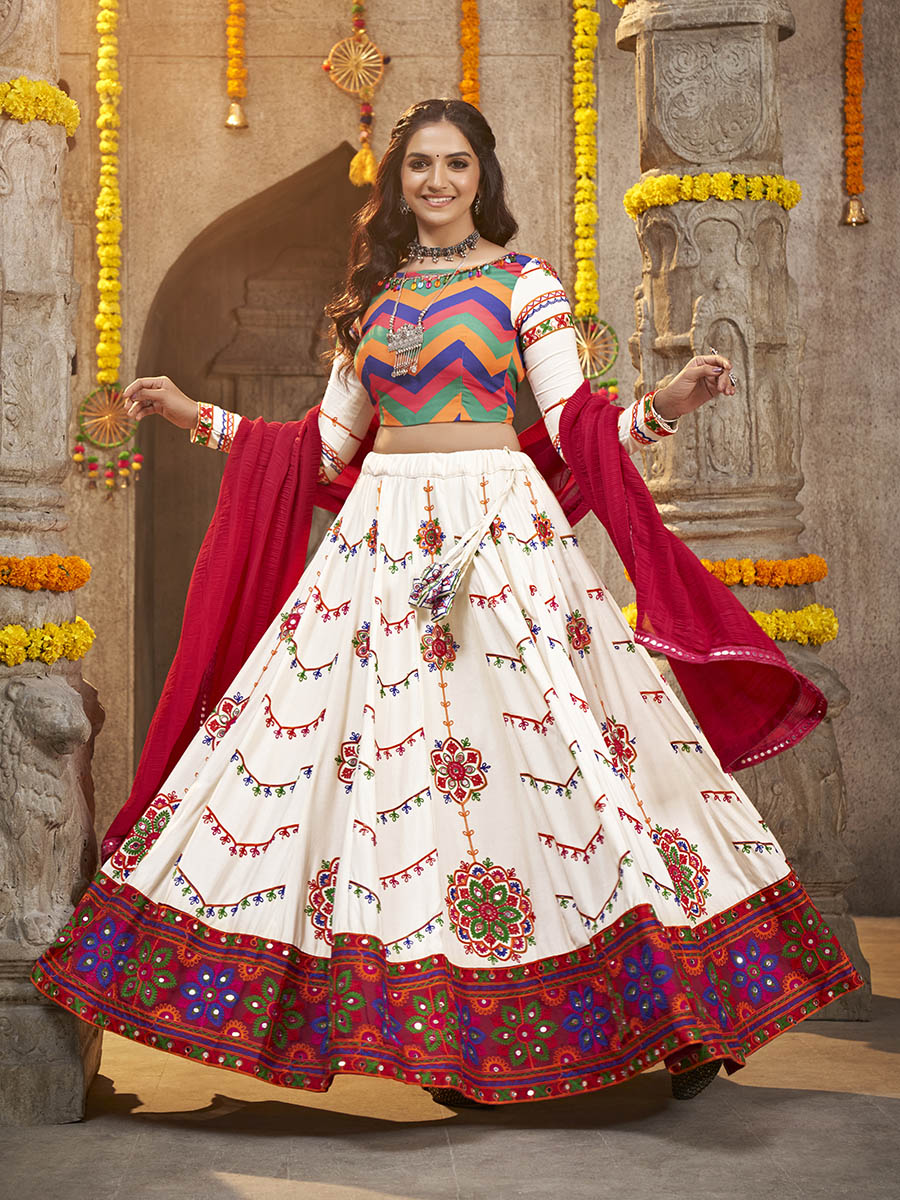 Myra Pearl White Viscose Rayon and Cotton Embroidered with Print Designer Lehenga