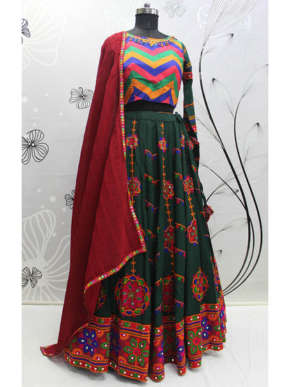 Myra Green Viscose Rayon and Cotton Embroidered with Print Designer Lehenga