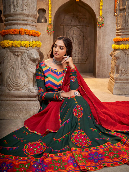 Myra Green Viscose Rayon and Cotton Embroidered with Print Designer Lehenga