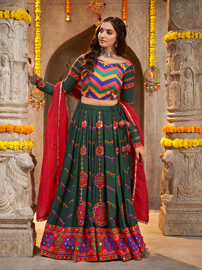 Myra Green Viscose Rayon and Cotton Embroidered with Print Designer Lehenga