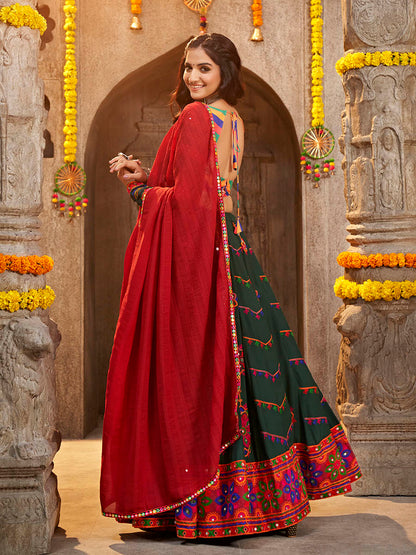 Myra Green Viscose Rayon and Cotton Embroidered with Print Designer Lehenga