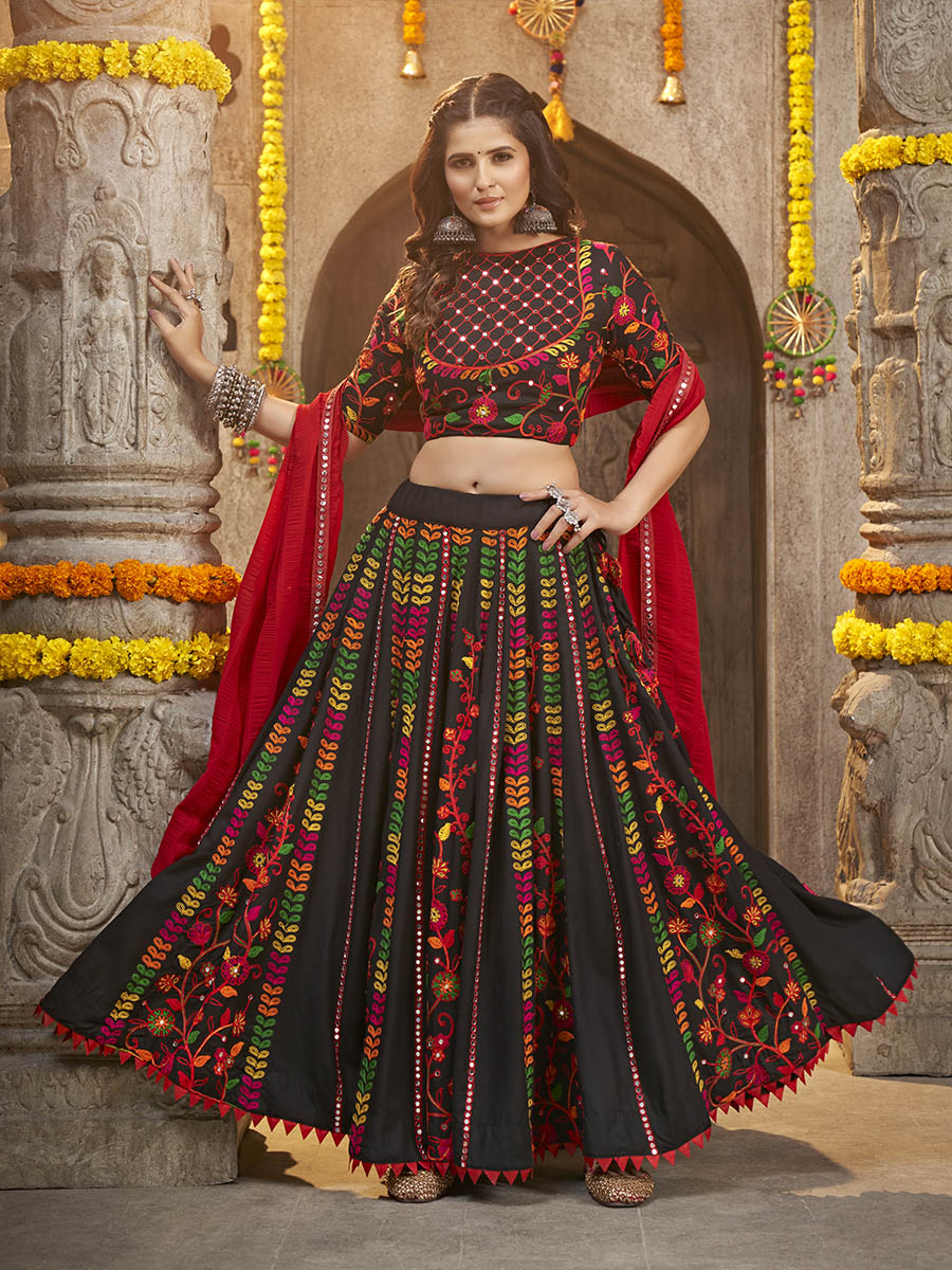 Myra Black Viscose Rayon and Cotton Embroidered with Print Designer Lehenga