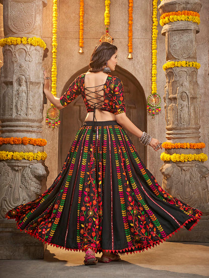 Myra Black Viscose Rayon and Cotton Embroidered with Print Designer Lehenga