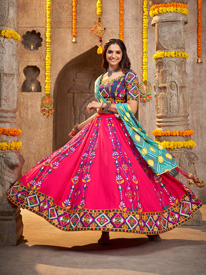 Myra Deep Pink Viscose Rayon and Cotton Embroidered with Print Designer Lehenga