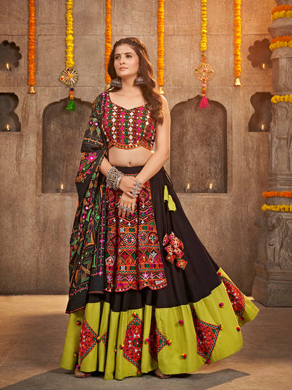 Myra Black Viscose Rayon and Cotton Embroidered with Print Designer Lehenga