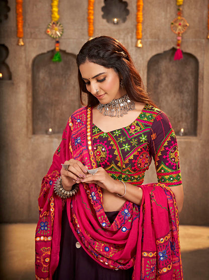 Myra Purple Viscose Rayon and Cotton Embroidered with Print Designer Lehenga