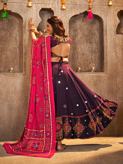 Myra Purple Viscose Rayon and Cotton Embroidered with Print Designer Lehenga