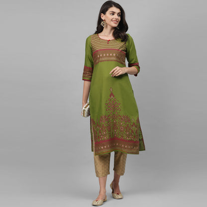 Maai Rayon Hand Printed Kurta Green