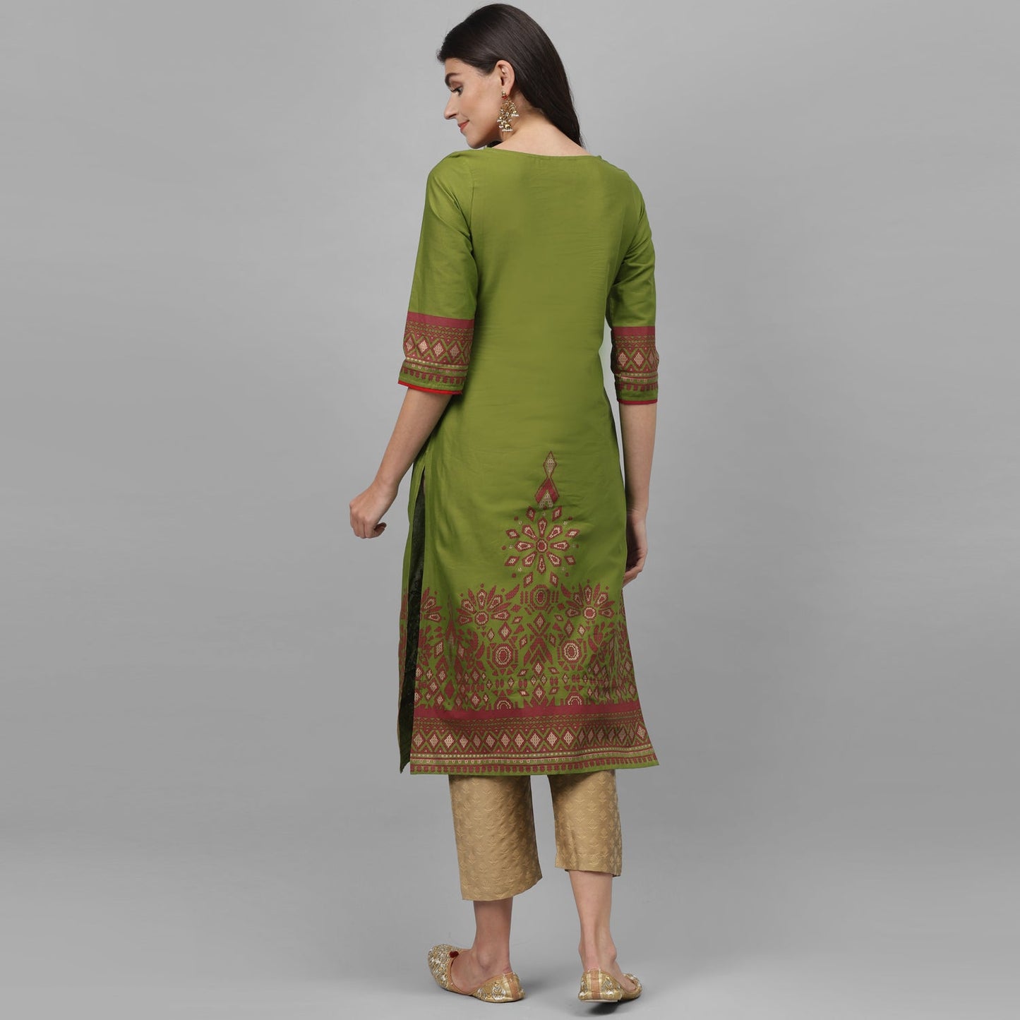 Maai Rayon Hand Printed Kurta Green