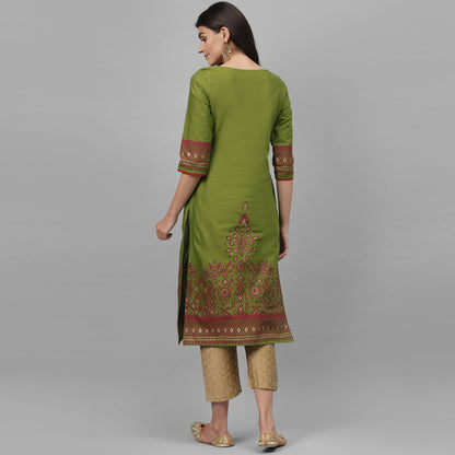Maai Rayon Hand Printed Kurta Green