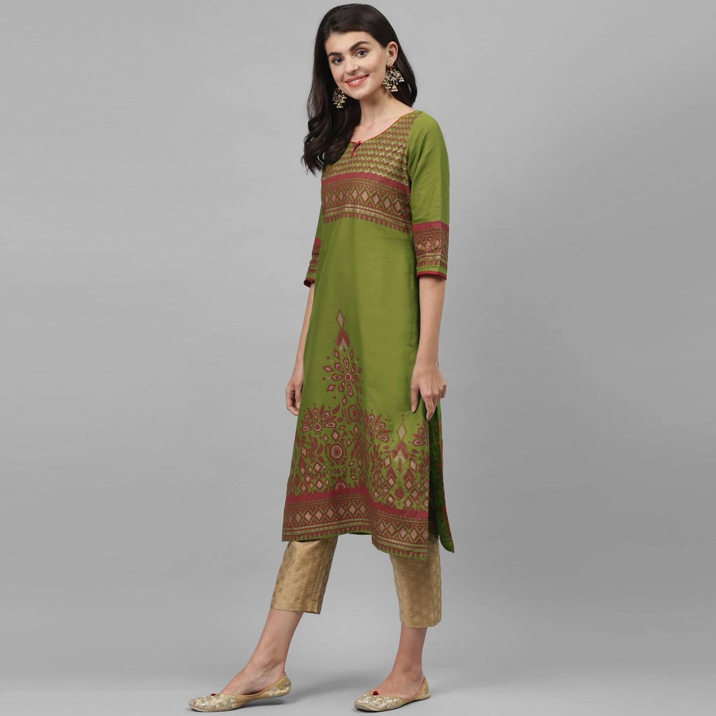 Maai Rayon Hand Printed Kurta Green