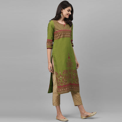 Maai Rayon Hand Printed Kurta Green