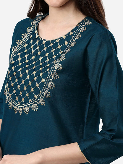 HERE&NOW Women Teal Ethnic Motifs Embroidered Kurta