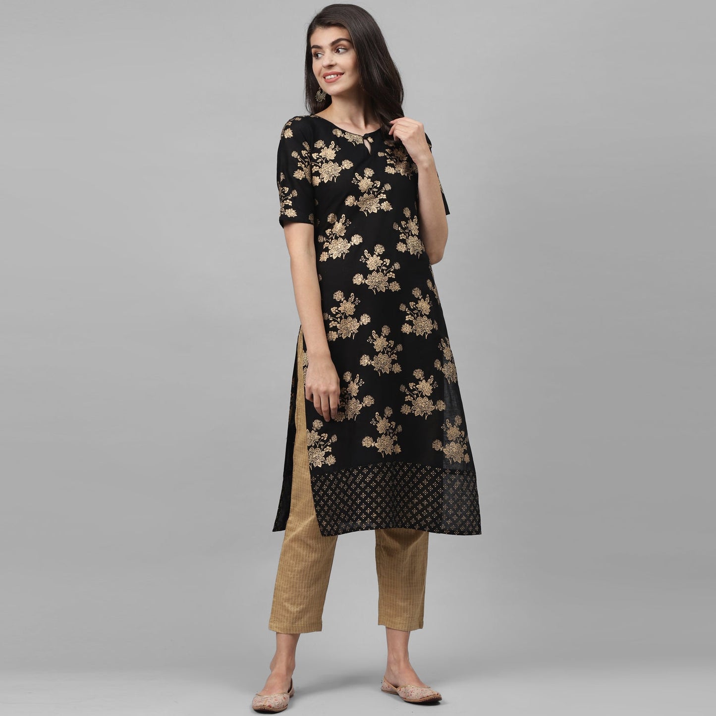 Maai Rayon Hand Printed Kurta Black