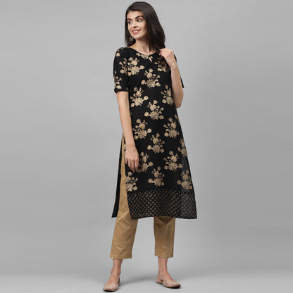 Maai Rayon Hand Printed Kurta Black